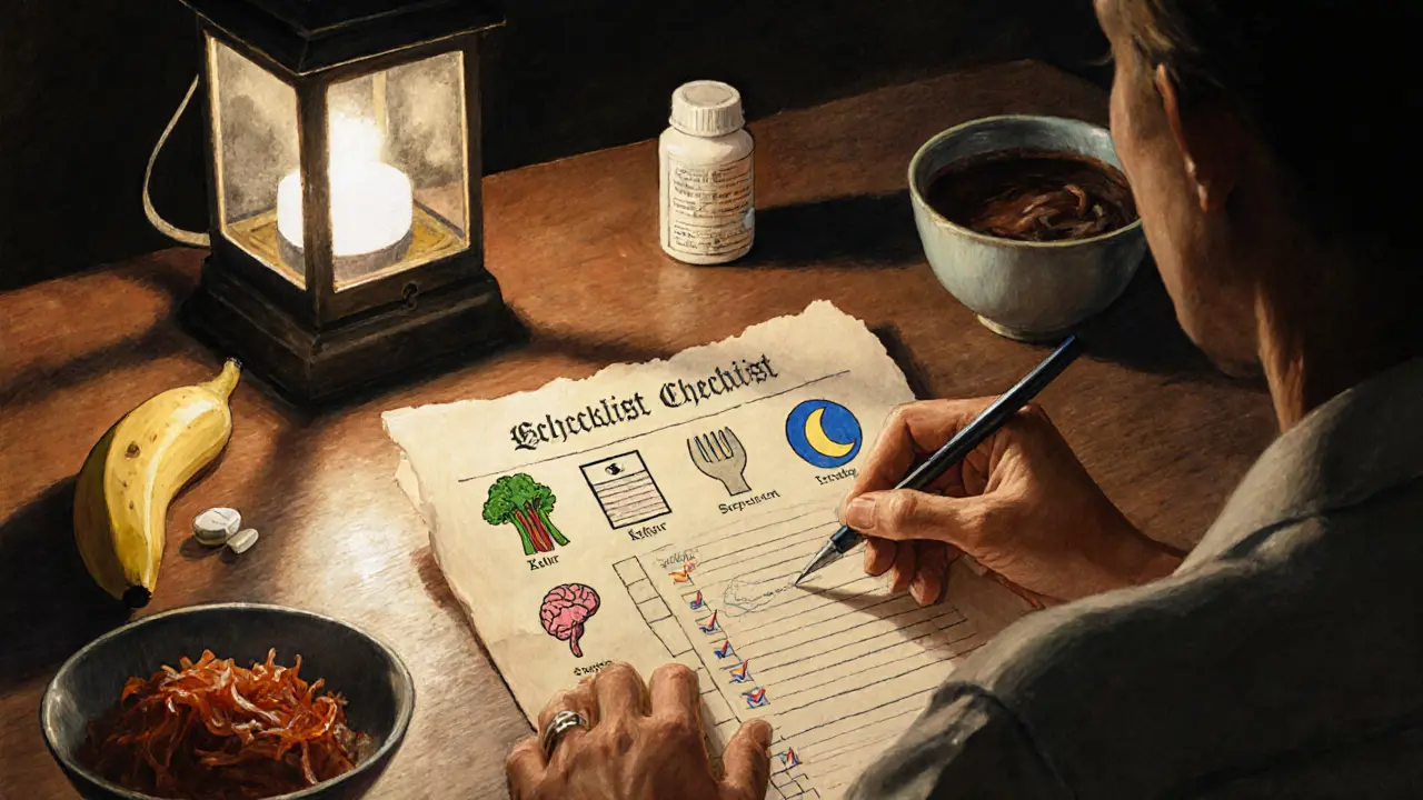 Kontrolní seznam s deníkem, spánkem, příznaky a lahvičkou Strattera.