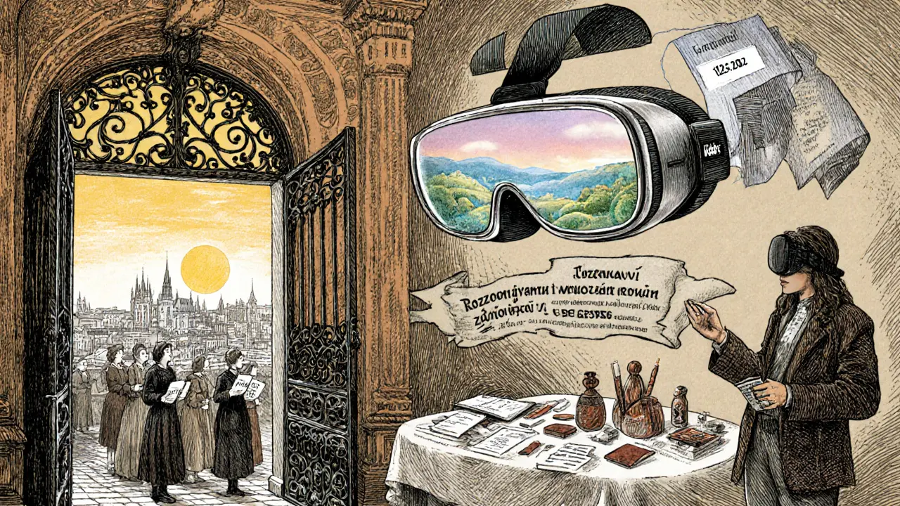 Postava vstupuje přes soudní bránu, VR headset a učitelé s tréninkovými svitky, nad Prahou vycházející slunce.