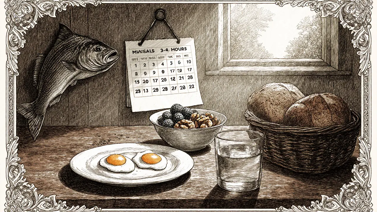 Ranní snídaně s vejci, jogurtem, ořechy a rybou doprovázená kalendářem jídel.