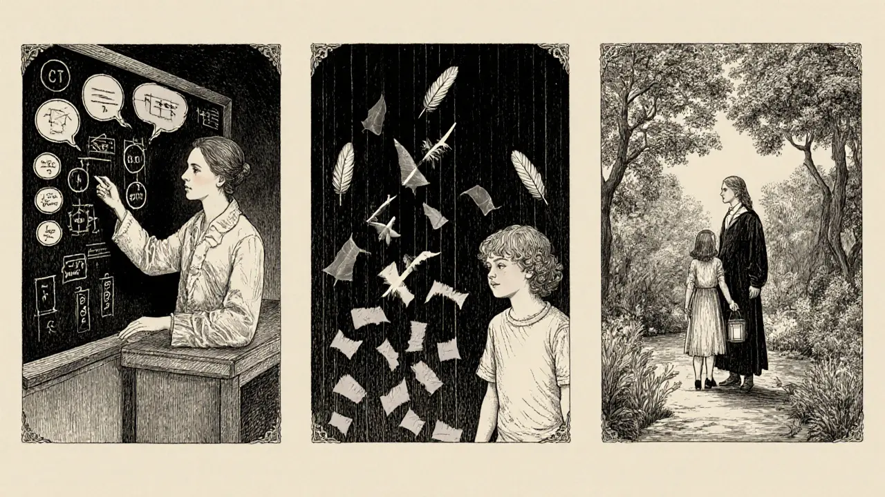 Terapeutická sezení s CBT tabulí, EMDR očima a vnitřní dítě držící lucernu, vykreslené jako gravíra.