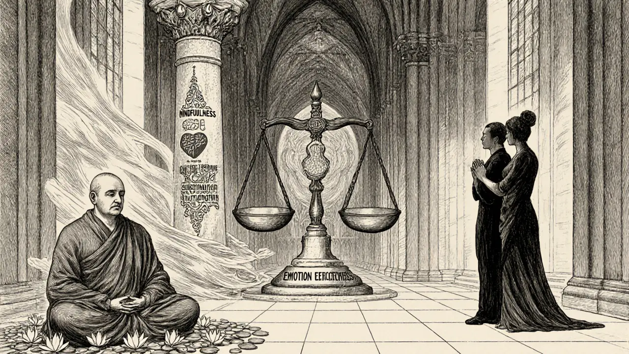 Čtyři postavy představují moduly DBT v detailní gravíře.