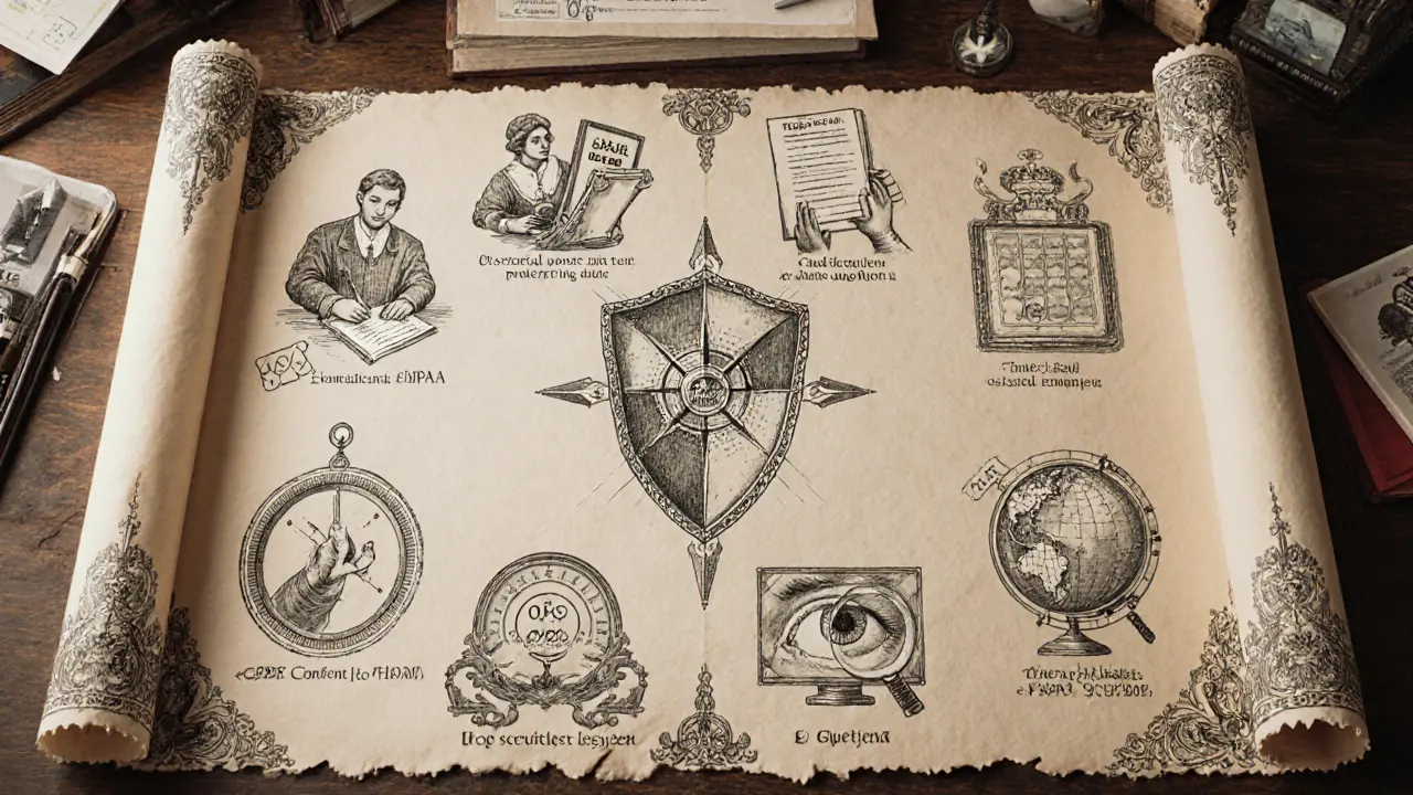 Ilustrovaný pergamen s jedenácti vouchery APA směrnic v detailních rytinách.