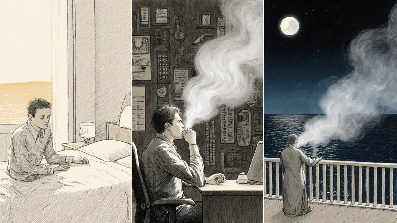 Osoba cvičí dýchání ráno v posteli, během pracovní pauzy a večer na balkóně, obklopena jemnou mlhou.