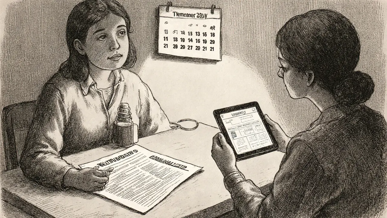 Osoba kontroluje a aktualizuje bezpečnostní plán s kalendářem a terapeutem.