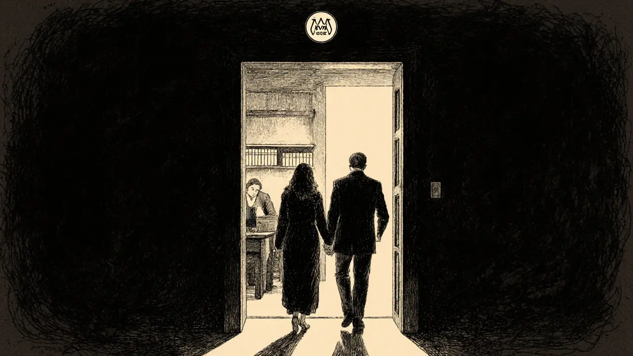 Pár vstupuje do terapeutické místnosti, kde svítí přívětivé světlo.