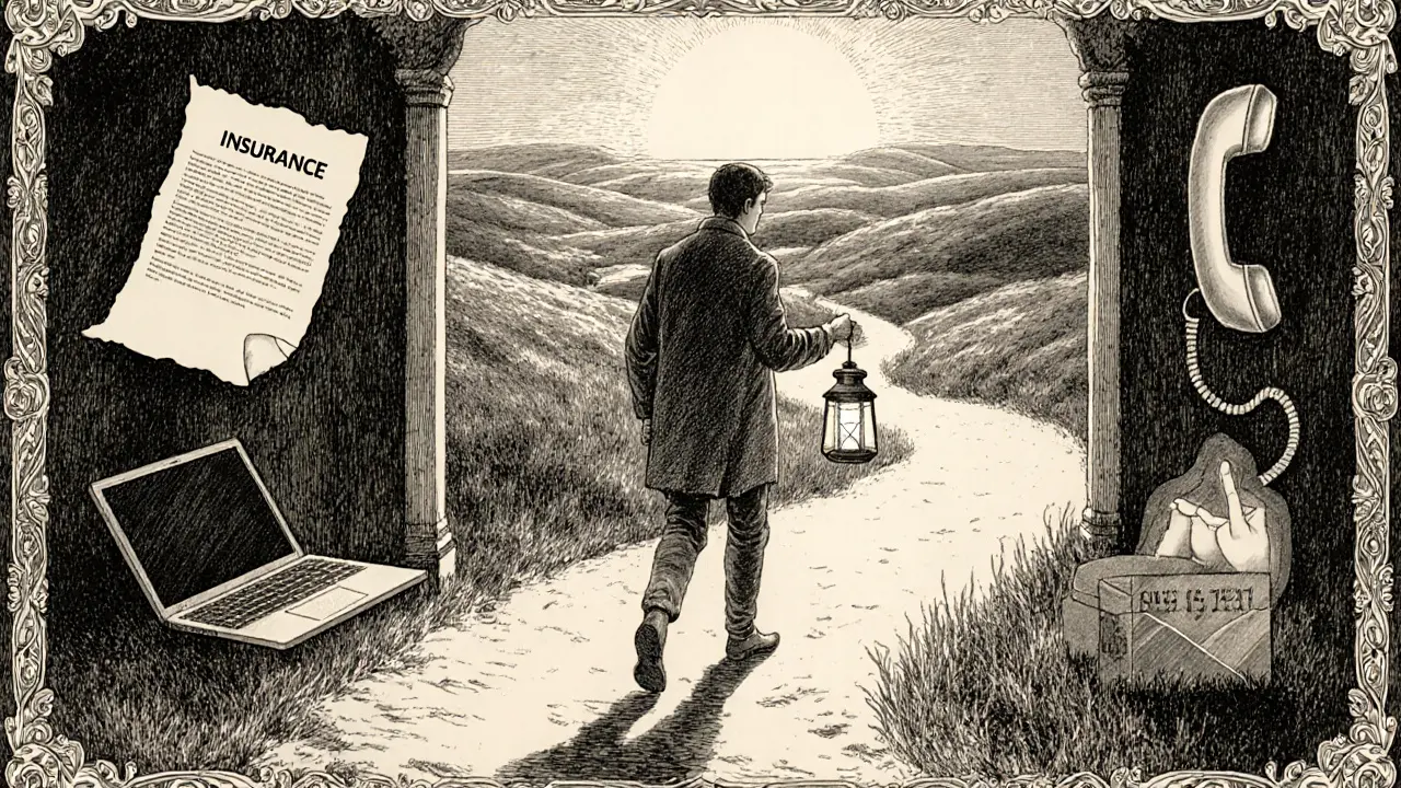 Postava kráčející po cestičce plné symbolů terapie – pojištění, laptop, telefon, darem, reiki – s lucernou směrem k světlu.