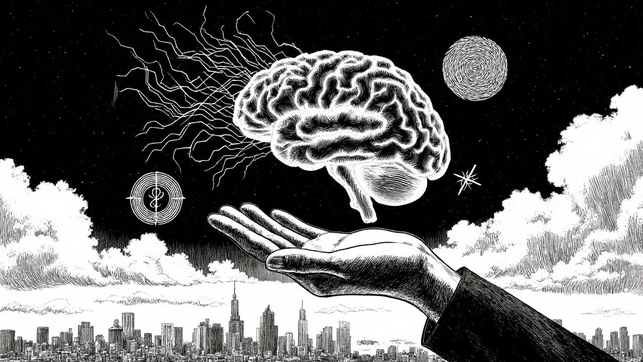 Průhledný mozek nad otevřenou rukou, obklopený symboly EMDR, neurofeedback a somatické terapie.