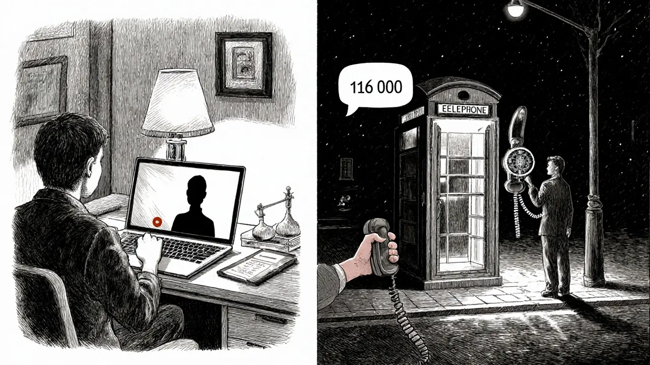 Rozdělený obraz: video hovor s terapeutem v domácnosti a telefonní linka 116 000 na ulici, obklopené stínovými detaily.