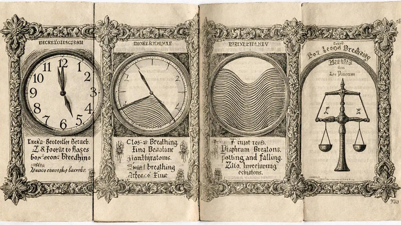 Série panelů zobrazujících techniky dýchání: 4‑7‑8, box, rezonanční, břišní a 2:1, s anatomickým výřezem.