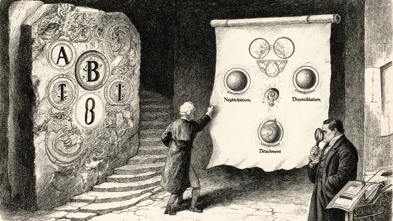 Starožitná tabulka A‑C a moderní panel s pěti dimenzemi vedle sebe.