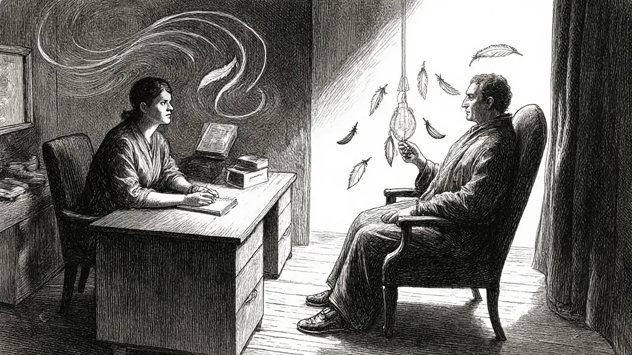 Terapeut a klient v klidné místnosti, terapeut drží vějíř EMDR, světlo proudí z okna.