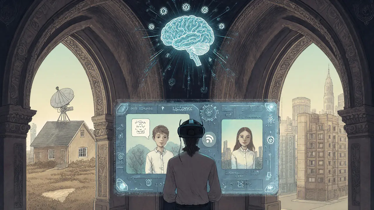 Terapeut s VR headsetem sleduje pacienty, AI analyzuje jejich emoce v futuristické síni.