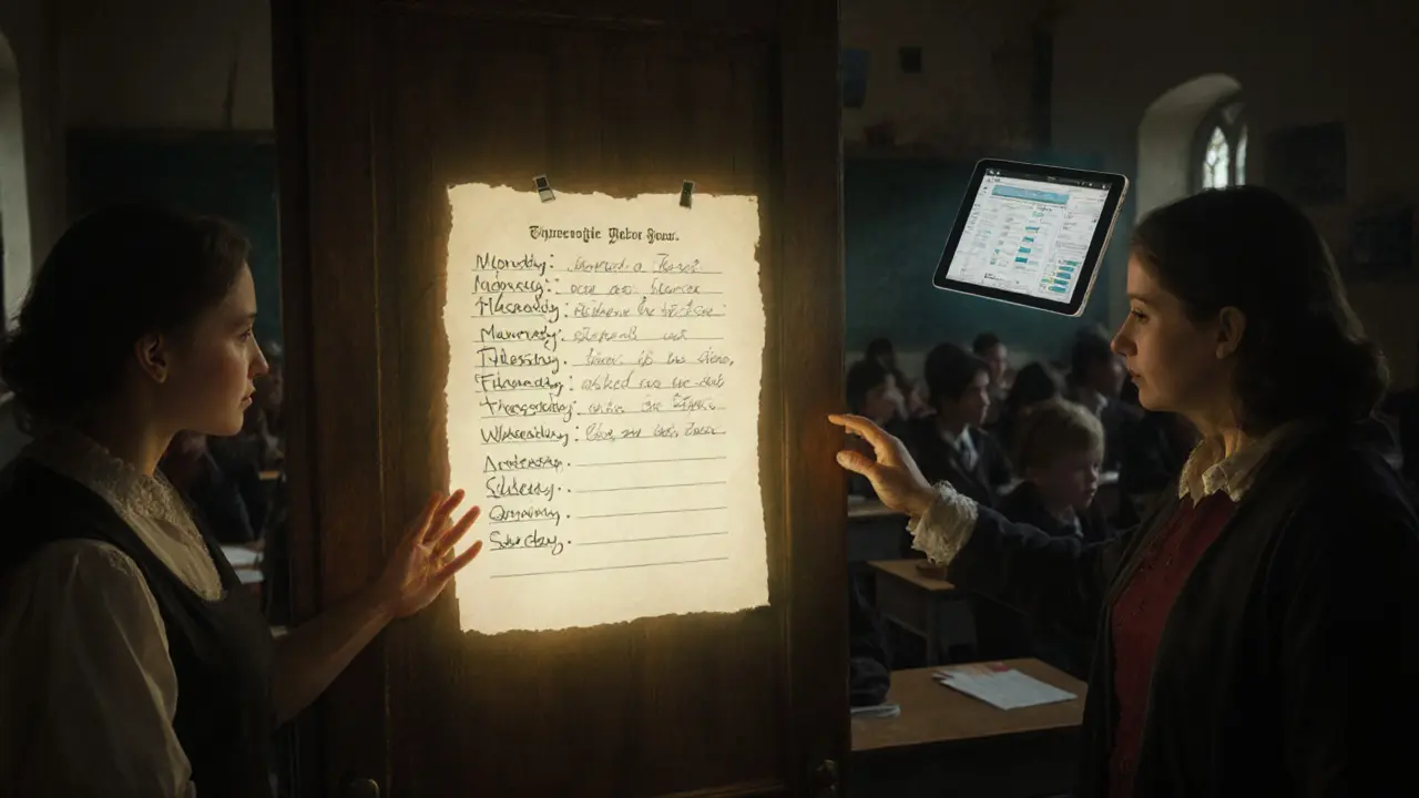 Jeden list s pozorováními na dveřích třídy, kde se dotýkají ruce učitele, rodiče a terapeuta.