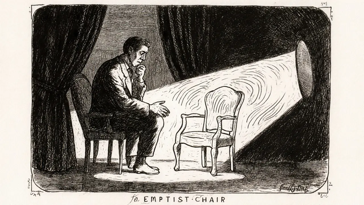 Terapeut a klient během techniky prázdné židle v gestál terapii.