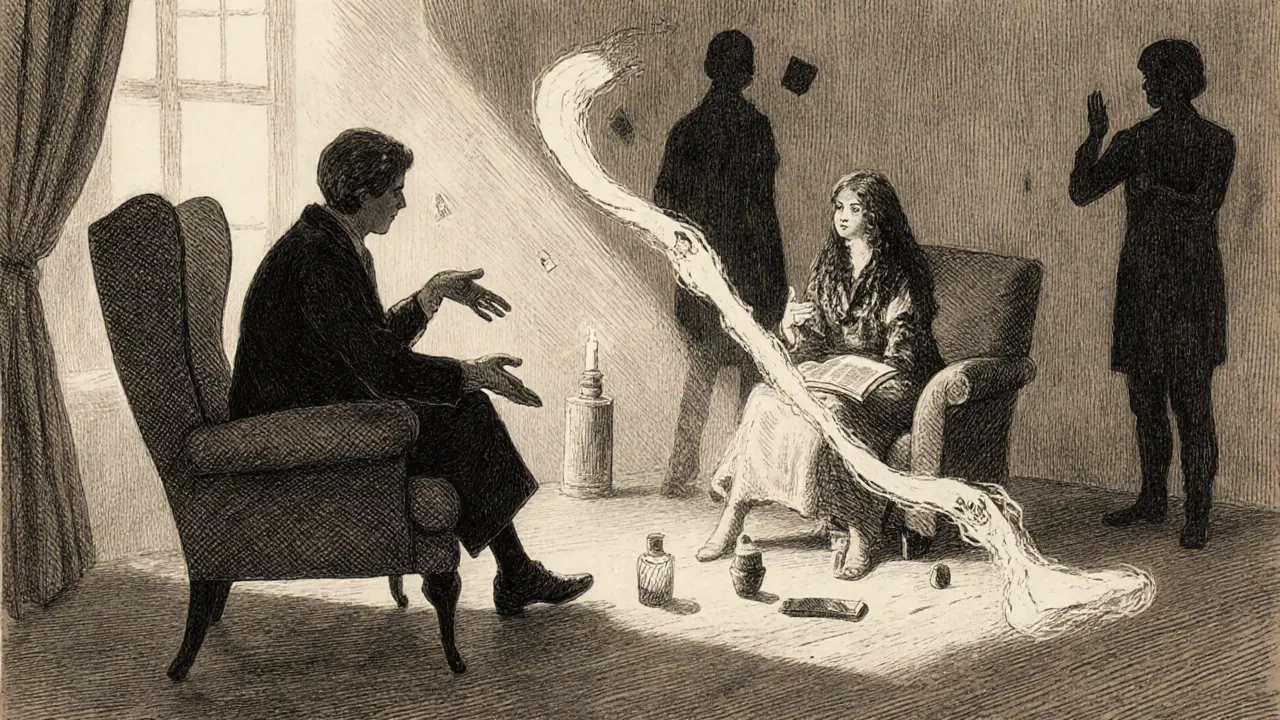 Terapeut učí klienta dechové a grounding cvičení, zatímco stíny traumatu pomalu mizí.