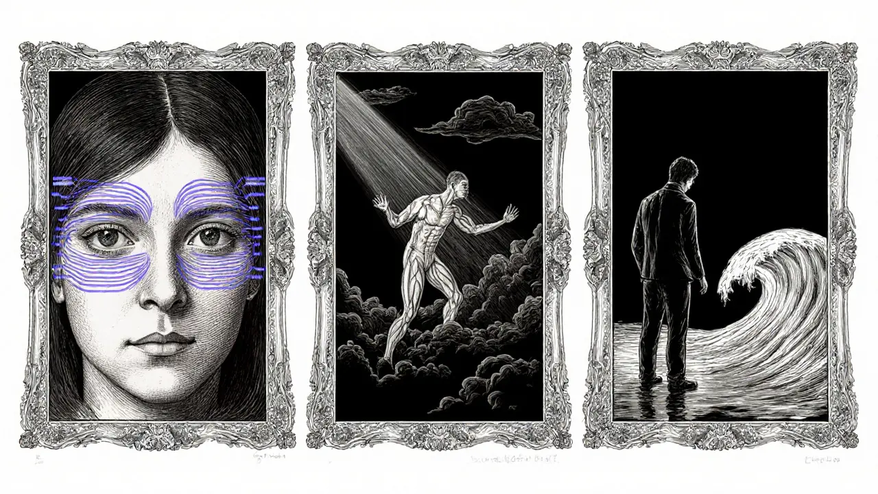 Tři oddělené scény zobrazují EMDR, TRE a Gestalt terapii, každá s různou úrovní rizika.