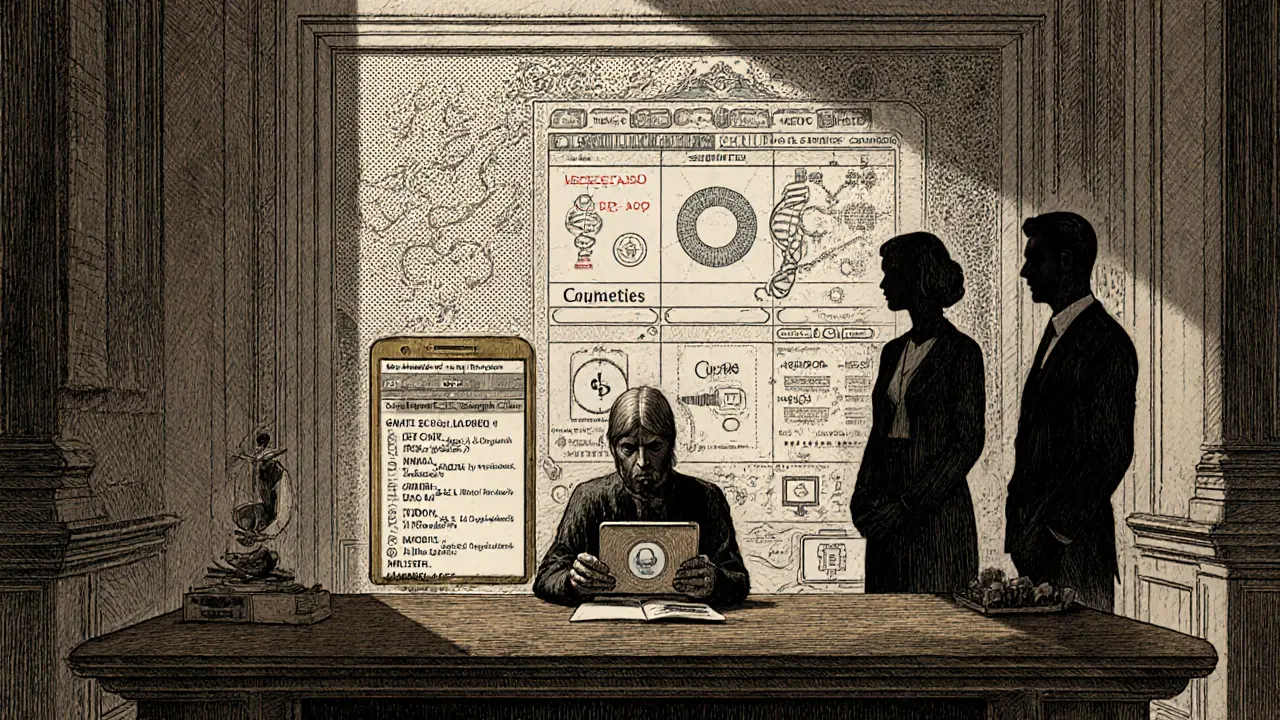 Budoucí klinika s genetickým testem, aplikací pro sledování nálad a léků, zobrazená v detailním černobílém stylu Gustave Dorého.