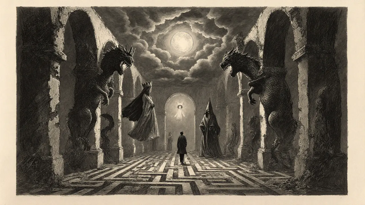 Cestovatel v temném labyrintu s plavoucími archetypy a křehkým zářivým dítětem v dálce.