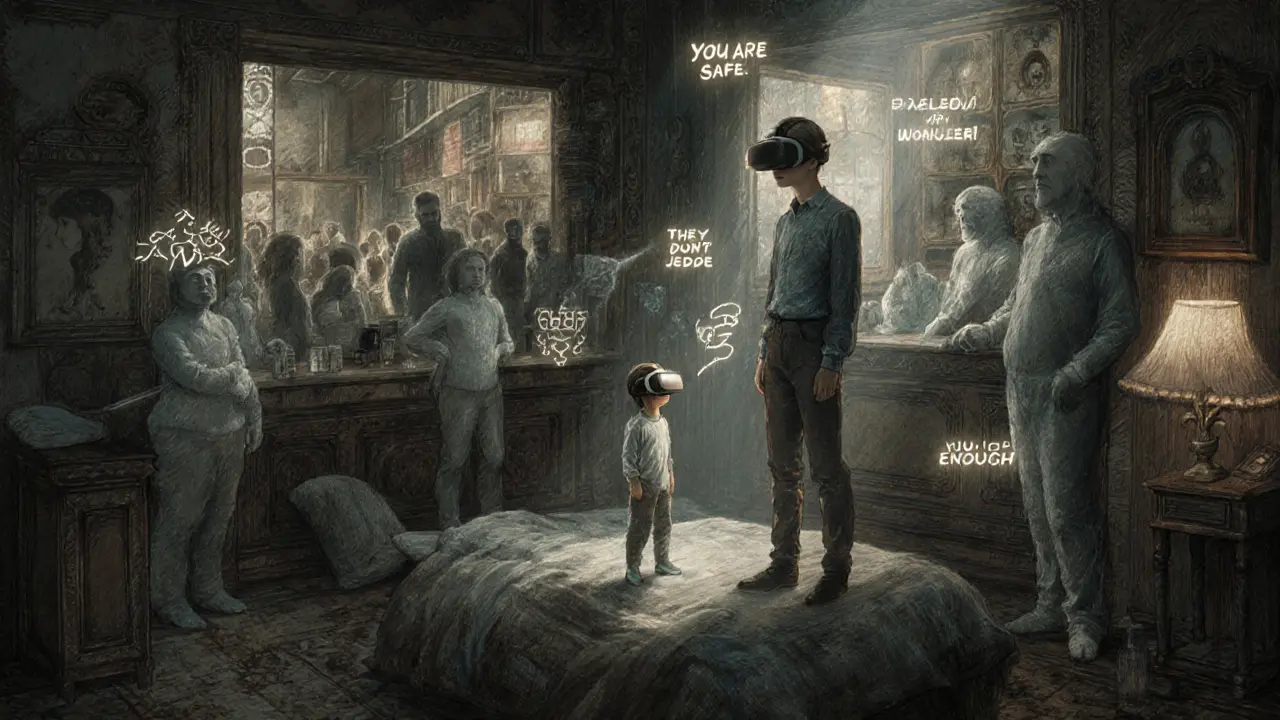 Člověk ve virtuální realitě, jeho duše se promítá do bezpečných sociálních scén s nápisem odvahy.