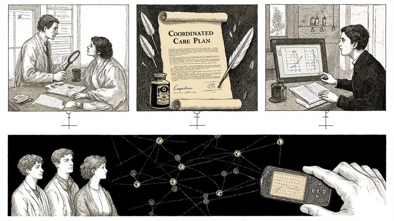 Ilustrovaný proces kombinované léčby: diagnostika, rozhovor, výběr terapie, předpis léků, týmová konzultace a digitální sledování nálad.