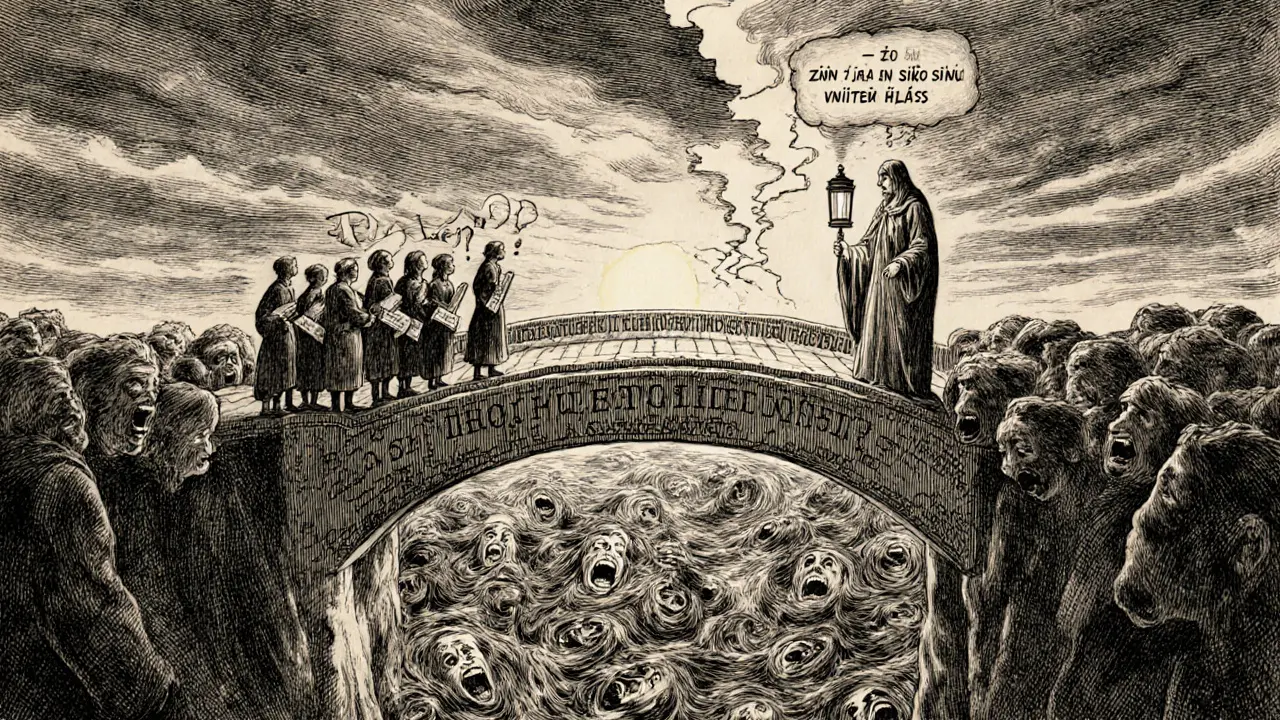 Postava kročí po mostě přes propast plnou křiků, vedená světlem terapeuta, který drží lucernu.