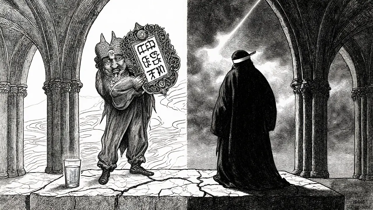 Rozdělená postava s maskou a šátkem, znázorňující racionalizaci a popření.