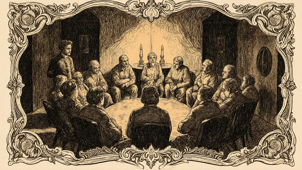 Skupinová terapie s několika lidmi, kteří si navzájem naslouchají.