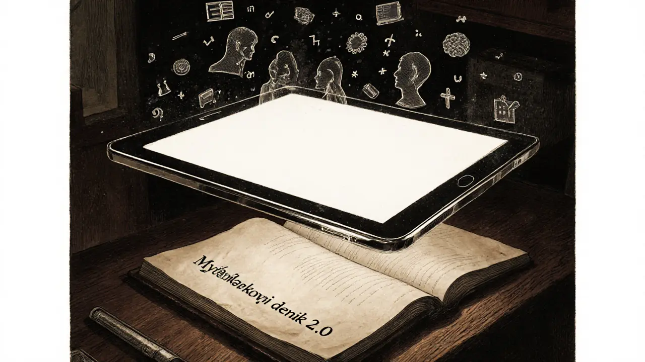 Stůl s flotujícím tabletem a otevřeným deníkem, symbolizující digitální terapii.