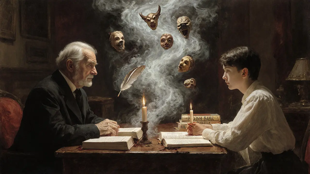 Terapeut a klient v křehkém klidu, mezi nimi vír archetypů, které se mění v kouř.