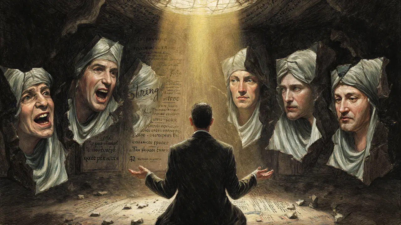 Terapeut a klient v temné místnosti, kolem nich se otáčejí zlomené zrcadla s výrazně zkreslenými tvářemi.