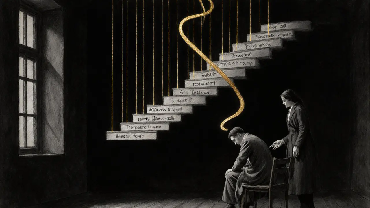 Terapeut a pacient v tiché místnosti, zářící nitro duše propojeno zlatými vlákny naděje.