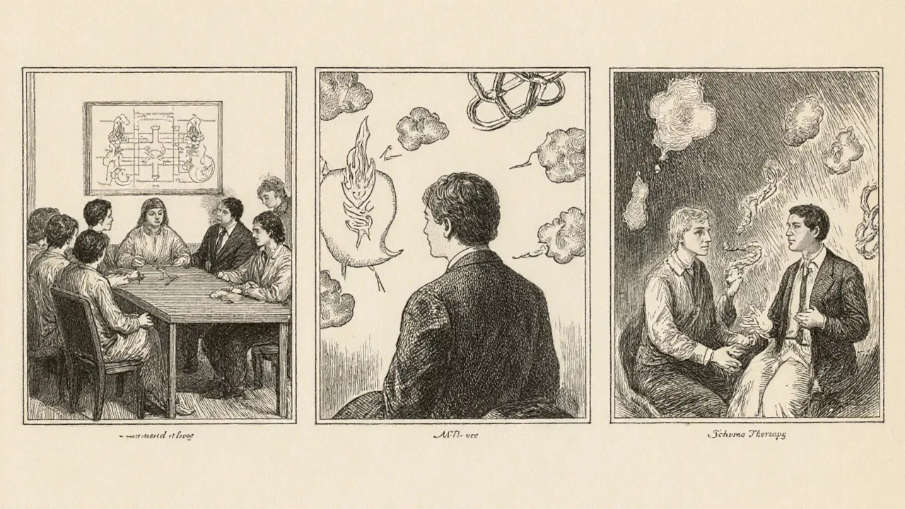 Trojpanelová scéna ukazuje DBT skupinu, MBT individuální sezení a terapii schemat.