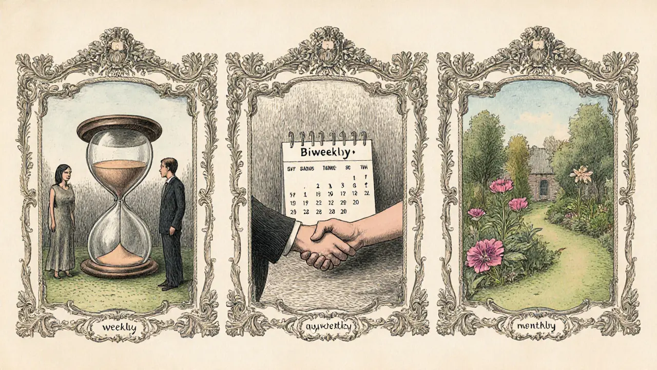 Vývoj frekvence terapie: od týdenní k měsíční, zobrazeno ve třech panelech.