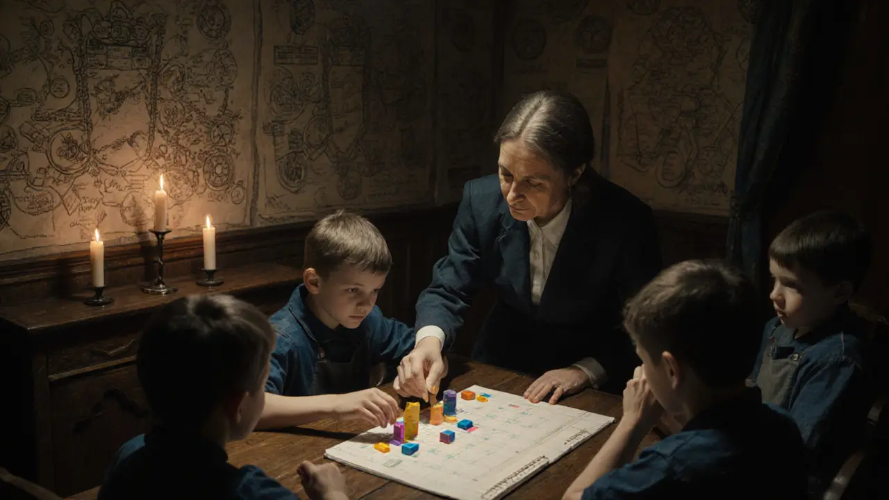 Boy in therapy room organizing weekly planner with colored blocks, therapist guiding gently, candlelight and ink sketches on walls.