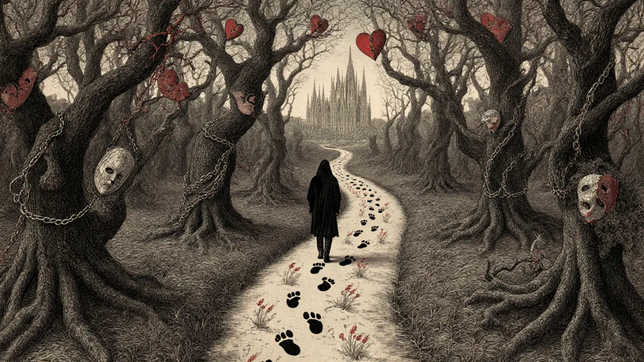 Cesta lesem s ovoce ve tvaru řetězů a masok, kde stopy kvetou, v dálce světlo chrámu.