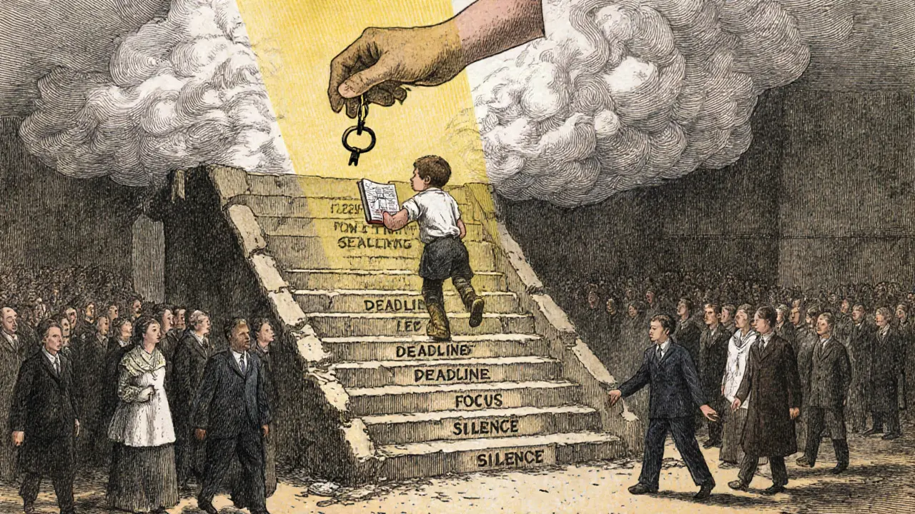 Child climbing staircase labeled with school challenges, golden light and brain-shaped key above, teachers walking away below.