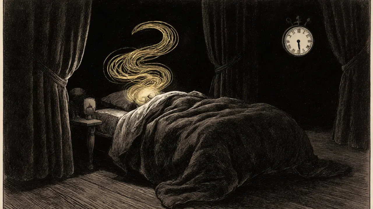 Člověk spí v temné komnatě, z jeho hlavy se vynořují zlaté vlny regenerace.