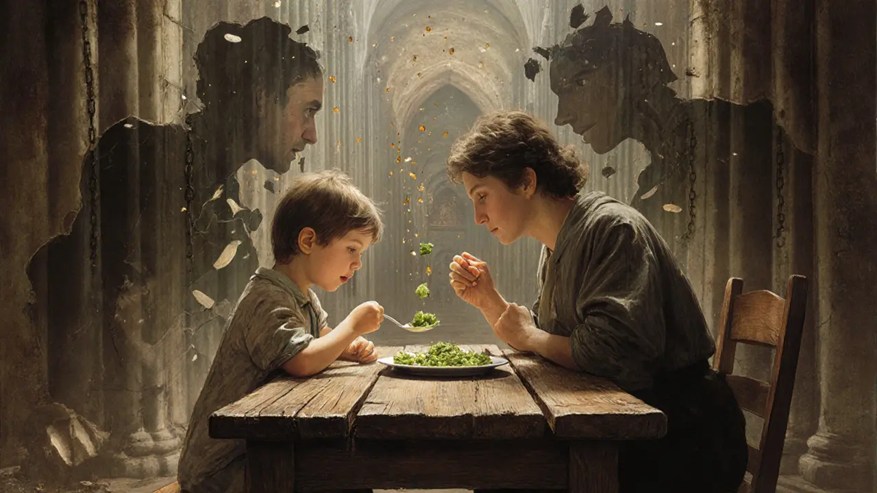 Dítě a rodič společně jedí, zlaté částice symbolizují odvahu, zatímco strachy se v pozadí rozptylují.