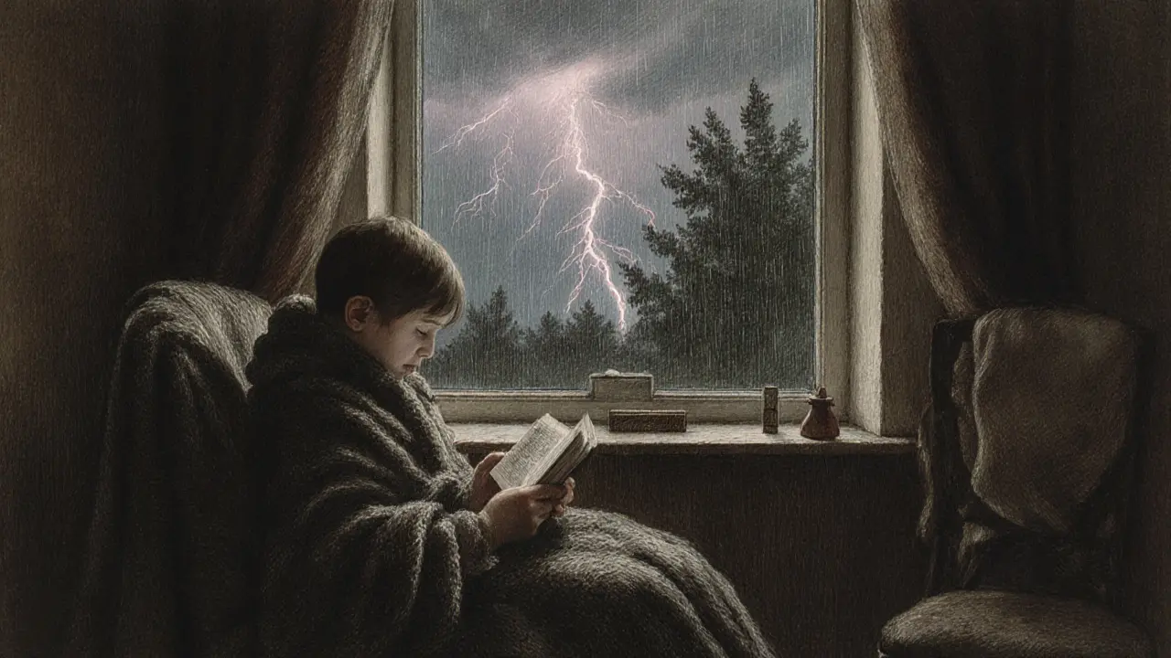 Dítě klidně čte v domácím prostředí, zatímco venku bouří — znázornění klidu po terapii.