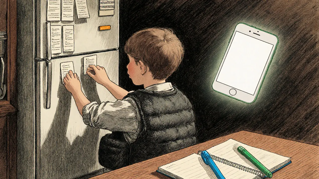 Dítě s těžkou vestou připevňuje magnetické karty na lednici, papírový plán je vidět v popředí.