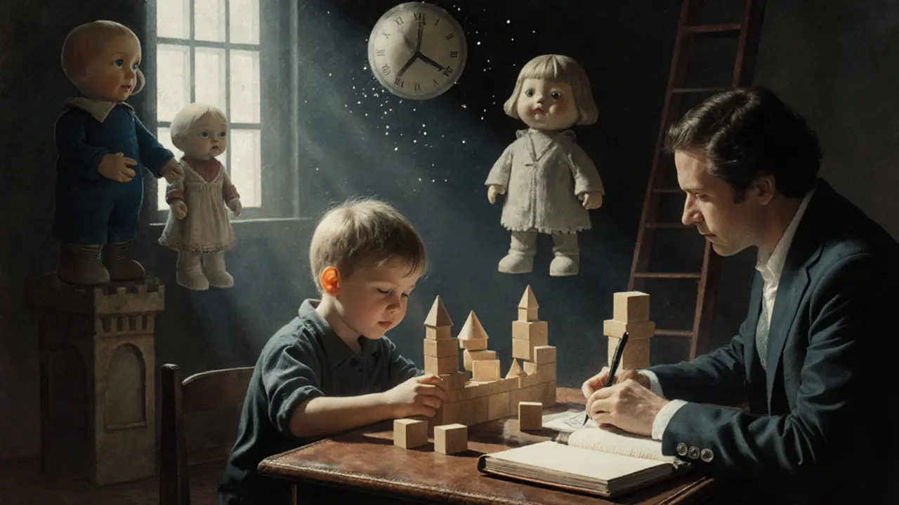 Dítě staví hrad z kostek, psycholožka pozoruje, kolem surrealní hračky v dramatickém osvětlení.