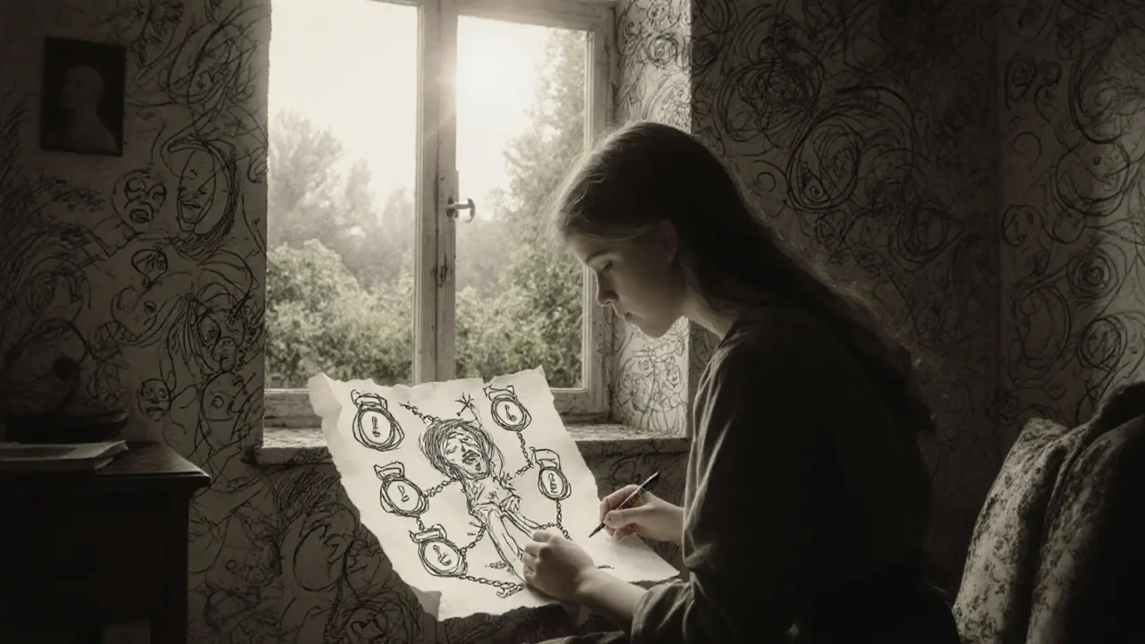Dívka kreslí v terapii, její kresba ukazuje vysvobození z řetězů, zdi jsou plné rozptylujících se negativních myšlenek.