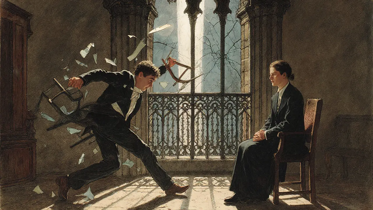 Dospívající hází židli, terapeut klidně sedí, za nimi železné zábradlí osvětlené měsíčním světlem.