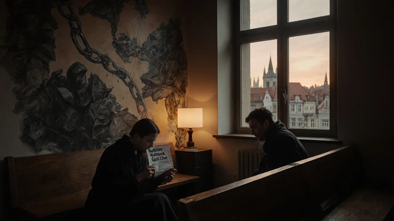 Dvě osoby v kanceláři s náznakem naděje, světlo z okna osvětluje nový den.