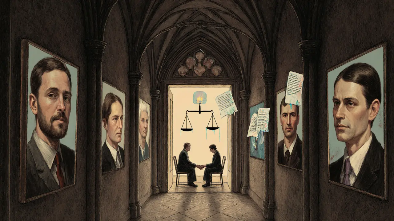 Gothický chodba s portréty terapeutů a dveřmi s teplým světlem, symbolizující spojení vědy a lidskosti.