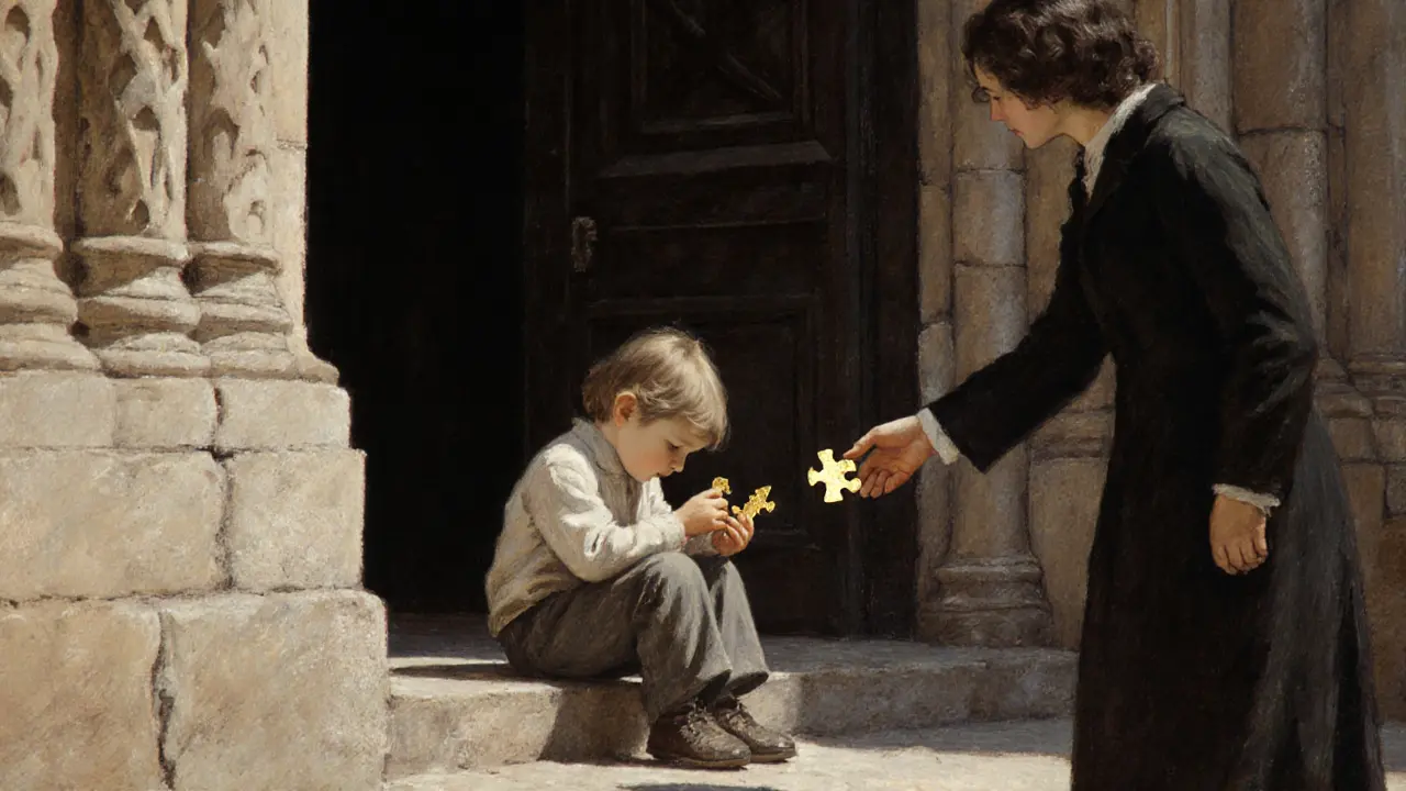 Malé dítě drží rozbitou skládačku, ruka z tmy nabízí jediný celý kousek v klidném chvíli.