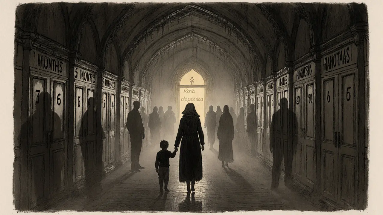 Matka s dítětem jdou dlouhou chodbou kliniky, za nimi řada dveří s čekací dobou, vpředu zlatá světla.