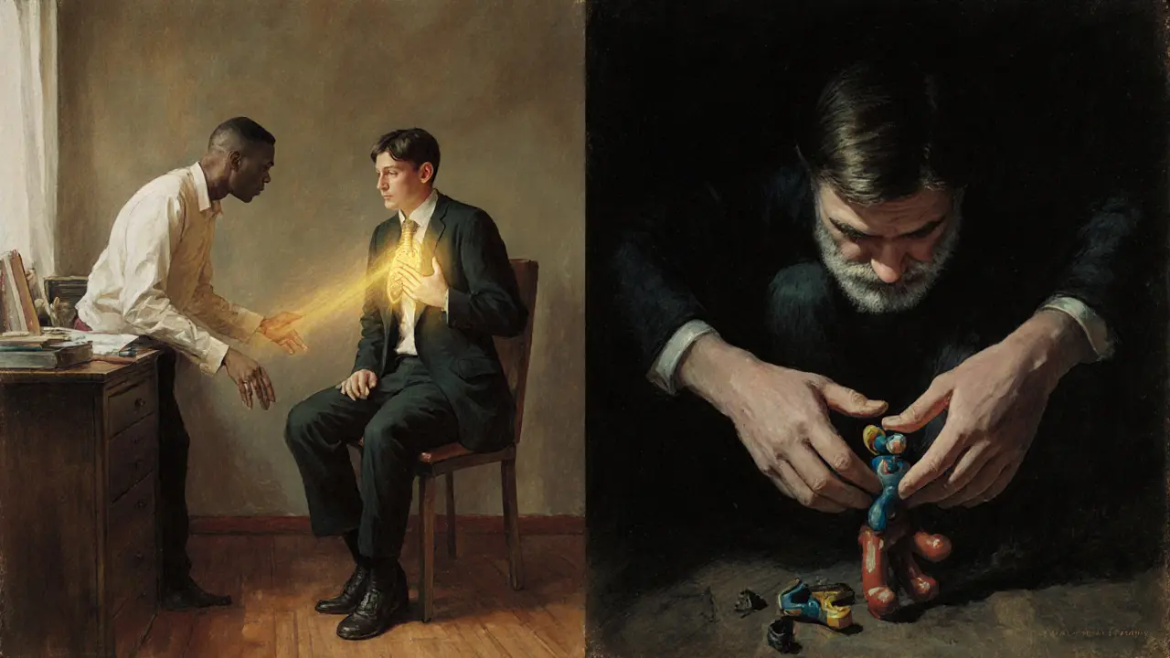 Moderní terapeut vedoucí klienta k tělesnému uvědomění, s náznakem dětského traumatu.