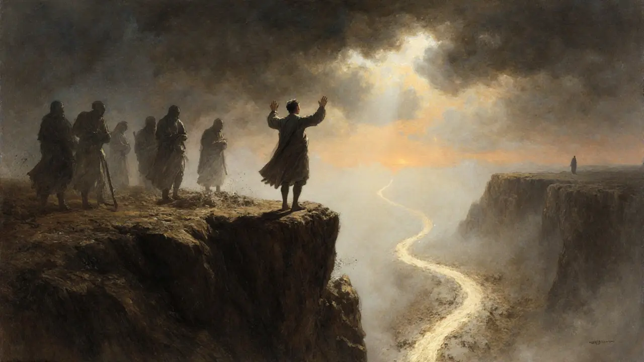 Muž stojí na skále v ranním světle, za ním se řítí stíny strachu, vpředu cesta.