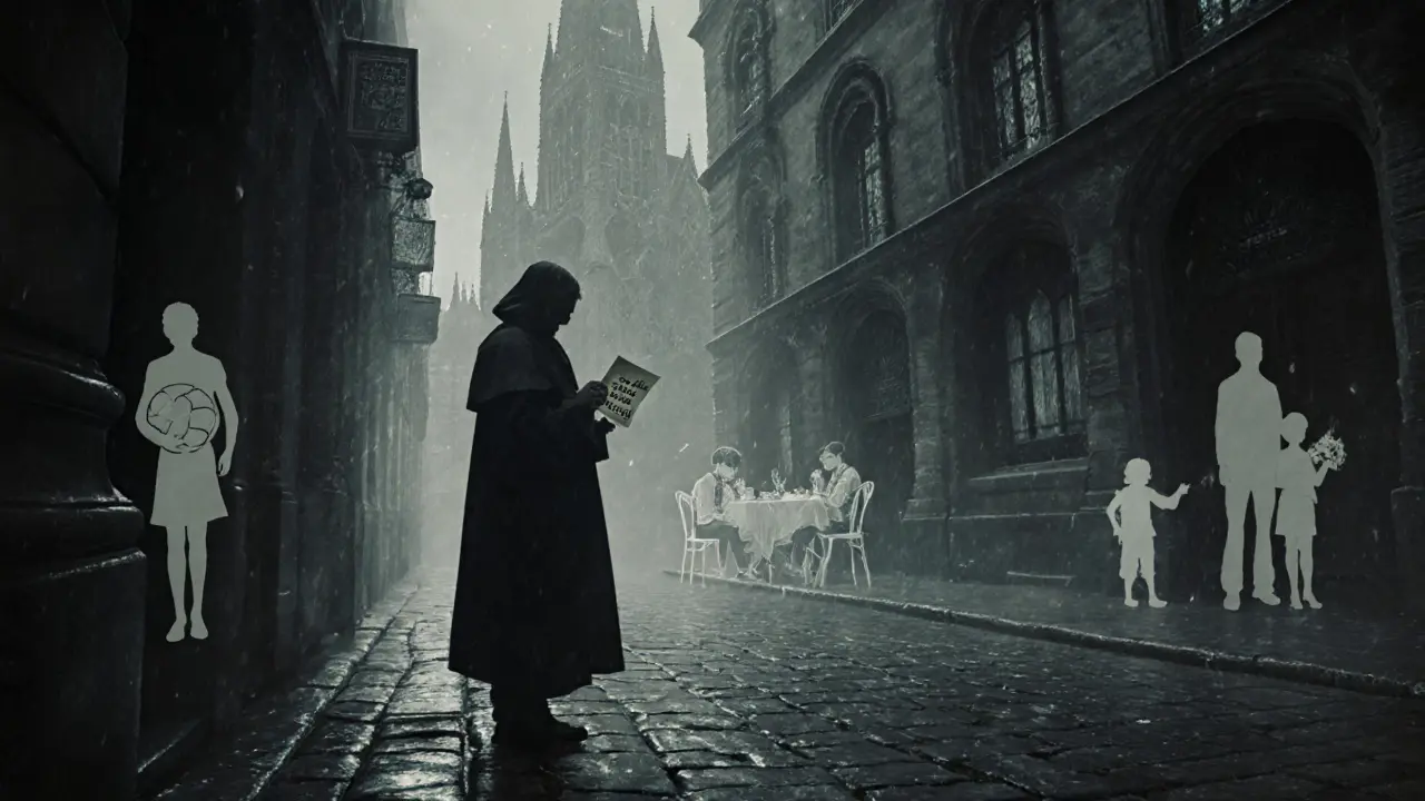 Muž stojí v mlhavé ulici, drží list s číslem, za ním se rozplynou vzpomínky rodiny.